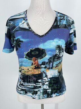 Vintage Jessica Max Y2K Scenic Resort Beach Print Rhinestone Top Large